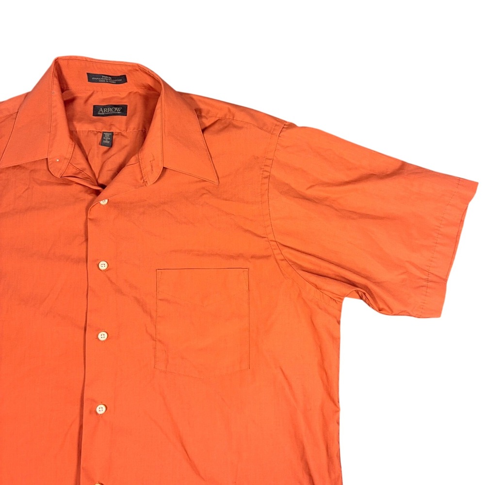 Arrow Mens Orange Poplin Short Sleeve‎ Button Down Shirt Wrinkle Free Large